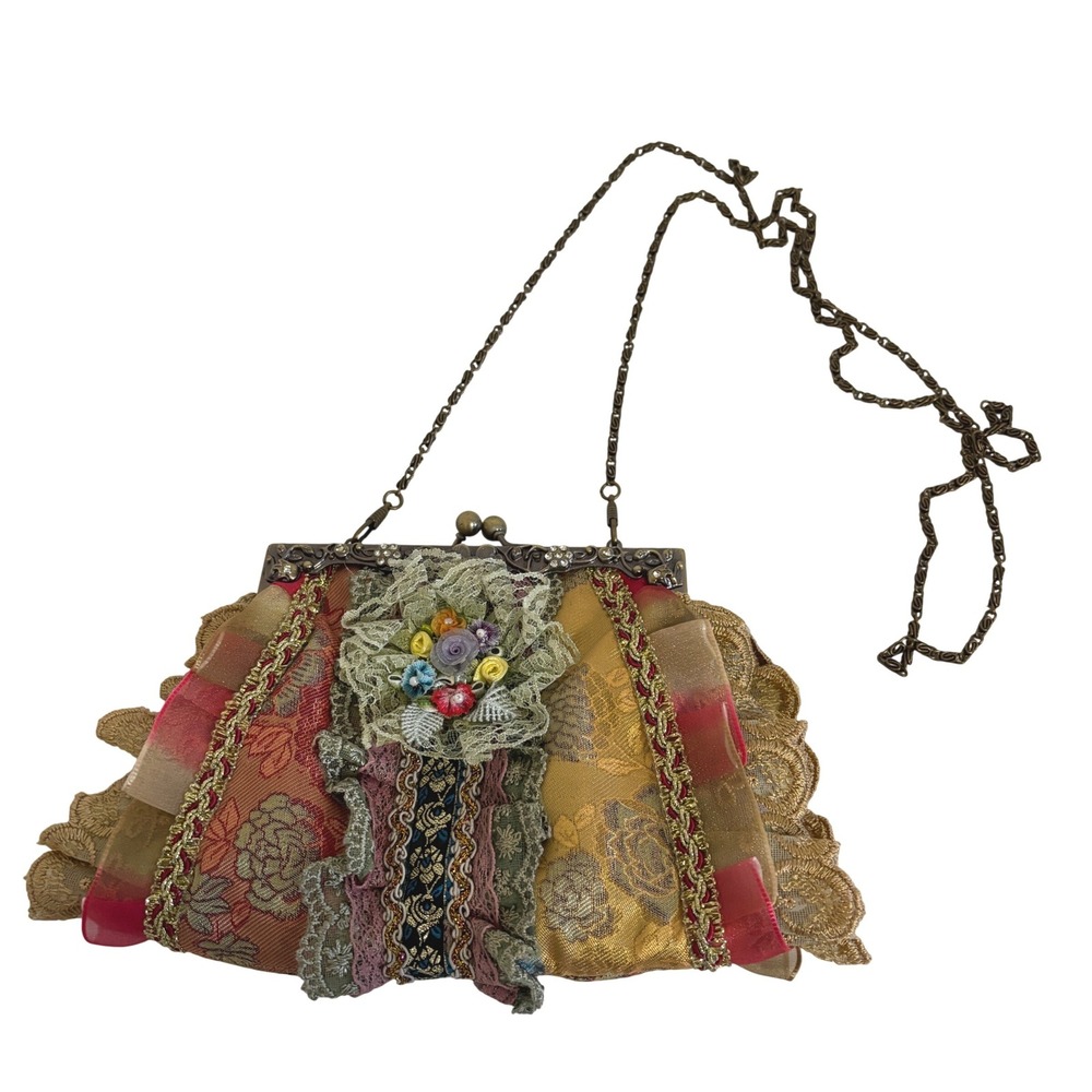 VTG Colorful Brocade Ruffle Kiss Lock Evening Bag Coquette Fairy Grunge Boho